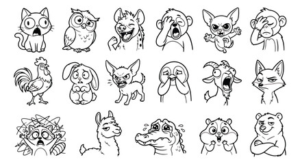 Funny animal emoji stickers, 18 cartoon character icons, black and white line art vector set © usmi