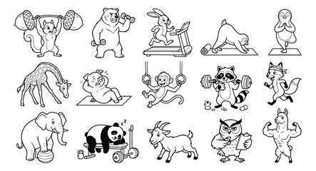 Fototapeta premium Cartoon fitness animals coloring page, 15 workout animal icons, black and white gym vector set