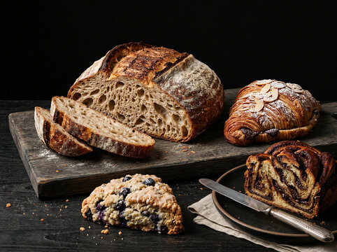 Artisan sourdough bread loaf and gourmet pastries, rustic bakery assortment with chocolate babka and almond croissant, fresh blueberry scone on dark wood