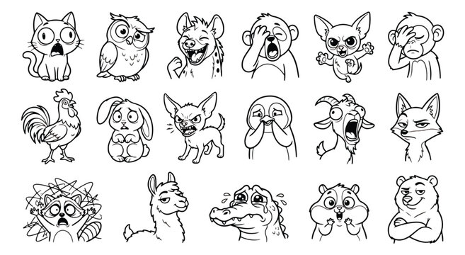 Funny animal emoji stickers, 18 cartoon character icons, black and white line art vector set