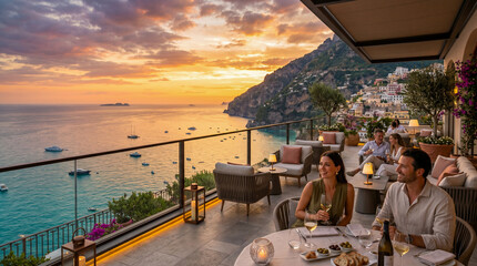 Fototapeta premium Terraza con vistas al mar ideal para representar turismo y descanso.