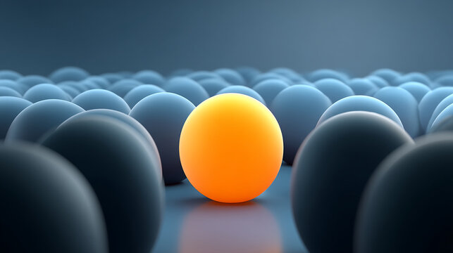 Single bright orange sphere standing out among many dark blue spheres
