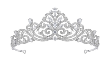 Exquisite silver tiara sparkling with numerous clear gemstones and intricate scrollwork © Sapphire