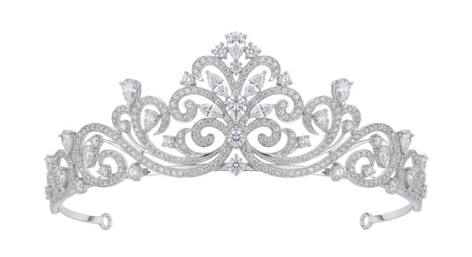 Exquisite silver tiara sparkling with numerous clear gemstones and intricate scrollwork