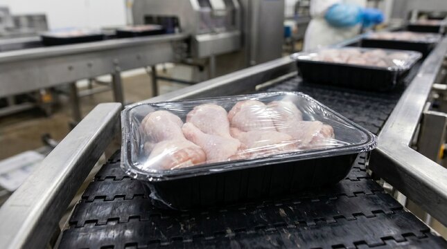 Coxas de frango cruas embaladas em bandejas de pl&aacute;stico movendo-se em uma esteira transportadora na ind&uacute;stria de processamento de carne.
