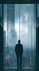 Fototapeta premium The silhouette of a business leader in a glass elevator, with an integrated transparent HUD showing the building's AI security status and energy usage, looking out at a modern skyline