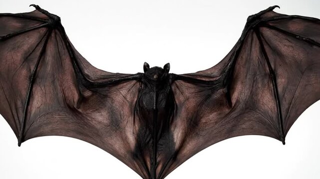 Black bat spreads its wings wide against a clean white backdrop, creating a striking image