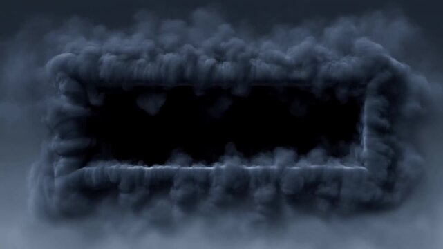 Slow motion static shot of smoke forming rectangular opening and swirling around dark misty void in abstract studio backdrop