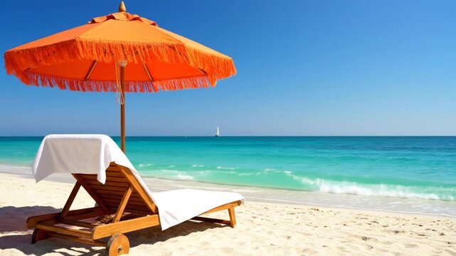 Tranquil beach scene with an orange umbrella and lounge chair invites a relaxing vacation getaway under a bright blue sky