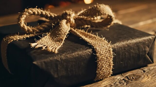 Close-up of a beautifully wrapped gift tied with a burlap bow and rope, creating a rustic feel on a wooden surface