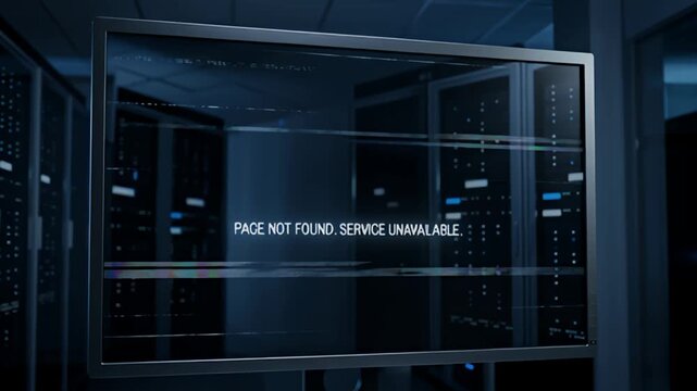 Glitch effect on error 404 message display in a dark datacenter