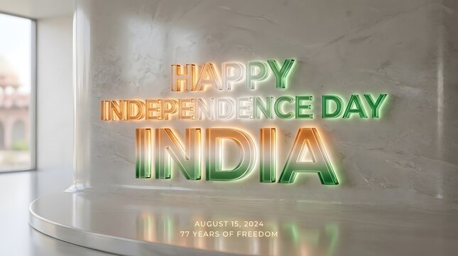 Festive 3d rendering of 'happy independence day india' text with tricolor gradient and date