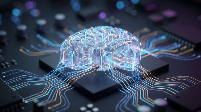 Artificial intelligence conceptual shot of a glowing crystal human brain on a microchip processor. Advanced machine learning cybernetic technology on a dark motherboard background.