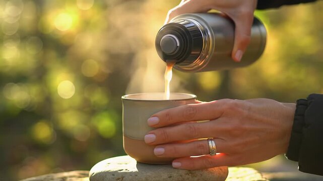 A serene video captures well-groomed hands carefully pouring a steaming hot beverage from a sleek minimalist stainless steel thermos into a ceramic cup on a river stone in a sun-dappled golden hour