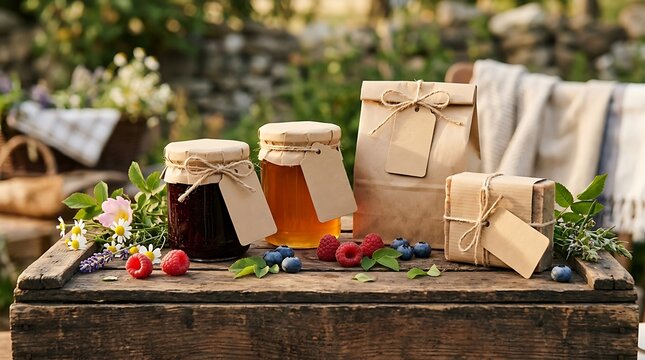 Artisanal jam honey and handmade products on a rustic wooden crate