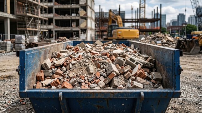 Construction waste container filled with bricks, concrete and demolition debris at a building site, representing renovation, building demolition, debris removal, waste disposal and construction cleanu