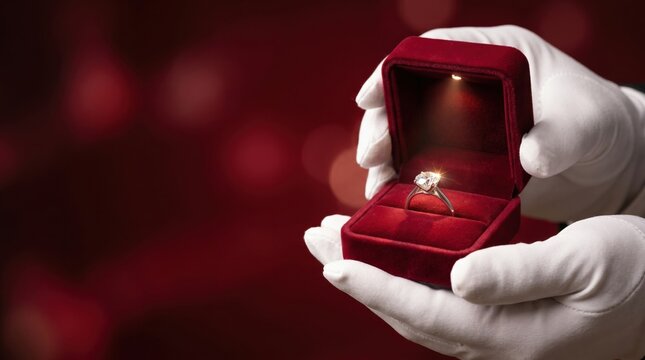 Luxury diamond engagement ring in elegant red jewelry box held by gloved hands. Premium proposal, fine jewelry presentation. Advertising banner with copy space