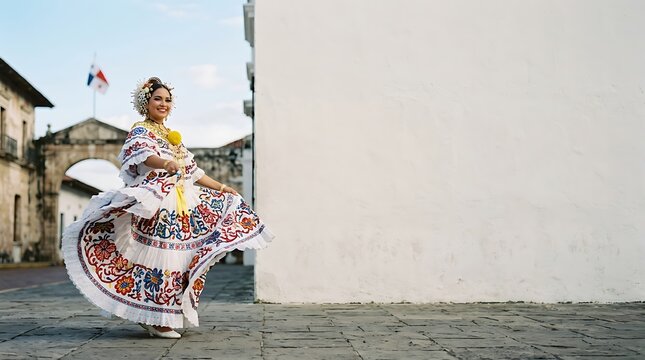 Woman in traditional panamanian pollera dress dancing in historic town