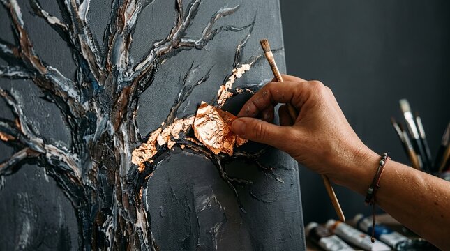 Artist Adding Texture to Tree Painting