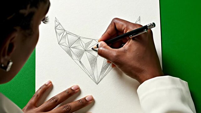 Artist's hand drawing intricate geometric design on white paper with green background during focused creation