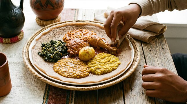 A close-up shot of a traditional Ethiopian food platter featuring a piece of chicken, injera bread, and various side dishes, served on a rustic wooden table.