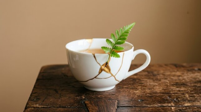 Elegant Tea Cup with Fern on Wooden Table Fern Wooden Table Elegant Rustic Kintsugi Ceramic Nature. Concept featuring fern, wooden table, elegant, rustic, kintsugi for professional commercial design.