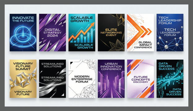 Set of modern tech leadership conference flyer templates with abstract innovation and digital growth graphics template conference leadership business innovation abstract corporate