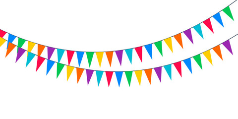 Fototapeta premium Colorful Festive Party Bunting Flags Hanging On A String For Birthday Celebration And Holiday Decoration Concept Graphic Vector Design Illustration
