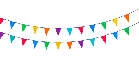 Obraz premium Colorful Festive Party Bunting Flags Hanging On A String For Birthday Celebration And Holiday Decoration Concept Graphic Vector Design Illustration