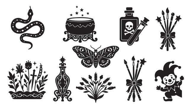 Vintage black mystical occult icons featuring snake cauldron poison magic wands and jester symbols on white background
