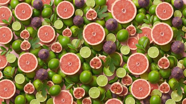Fresh citrus fruits and figs flat lay background