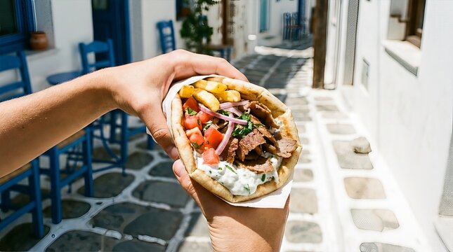 A close-up shot of a person holding a freshly made Greek gyro sandwich filled with meat, vegetables, and sauce.