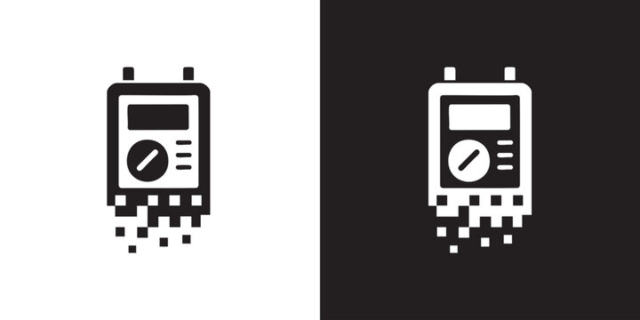 Digital Multimeter Silhouette Pixelated Fragmentation in Black and White Minimalist Style - Modern Electrical Tester Voltmeter Tool Symbol, Abstract Electronic Repair Diagnostic Graphic