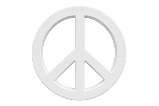 A clean, three-dimensional white peace symbol isolated on a black background
