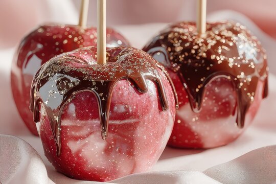 Sweet Indulgence: Three glistening candy apples, drizzled with rich chocolate and sprinkled with sugar crystals, sit alluringly on a soft pink fabric, a perfect treat for any sweet tooth.