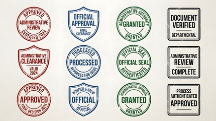Obraz premium Collection of Distressed Vector Official Approval, Verification, and Granted Stamps and Seals