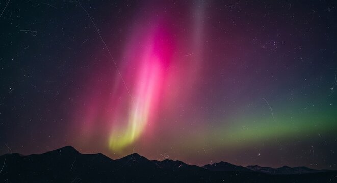 Vibrant aurora borealis illuminating night sky over mountain silhouette