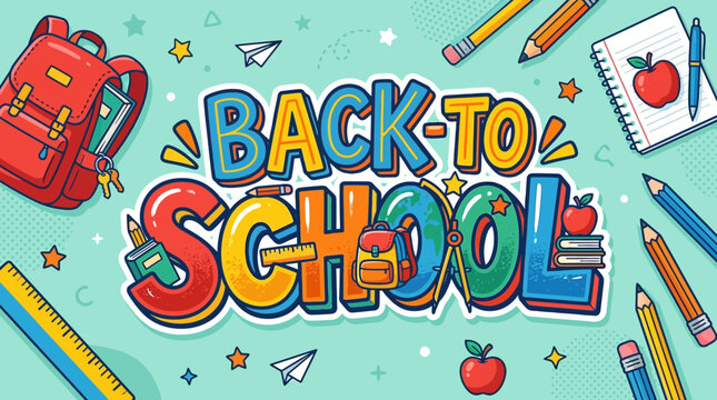 Back to School cartoon illustration with colorful typography, backpack and supplies