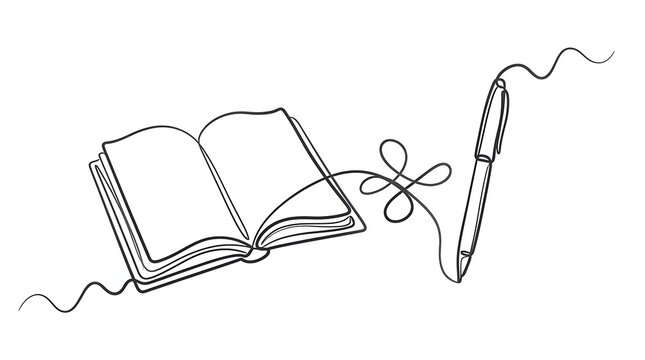 Continuous single line drawing of an open book and a pen with continuous minimalist education literacy knowledge learning literature stationery academic university
