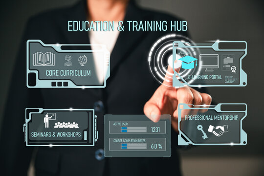 Education training hub concept, business professional using virtual e-learning portal to manage curriculum, seminars, mentorship, course completion, and user data in a modern office.