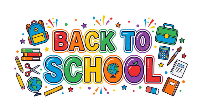 Colorful Back to School Banner with School Supplies and Confetti