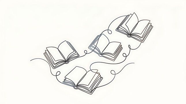 Continuous line drawing of open books connected by a flowing elegant scribble with education knowledge literature learning monochrome isolated connected illustration