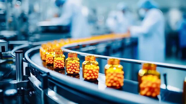 Automated conveyor belt moving bottles of pills in a modern pharmaceutical plant with lab technicians working in the background, representing the mass production of medicine and supplements