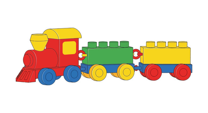 Colorful toy train illustration with connected cars side view