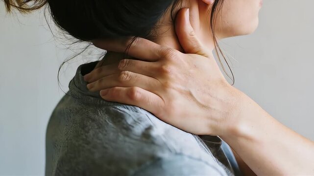 A close-up of a woman massaging her stiff neck and shoulders with her right hand.