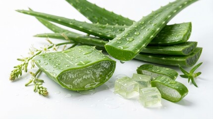 Fototapeta premium Fresh Aloe Vera Leaves And Gel Cubes Isolated On White Background For Skincare And Wellness