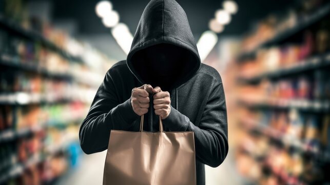 Mysterious Hooded Figure in a Store Carrying Suspicious Bag of Stolen Goods at Night