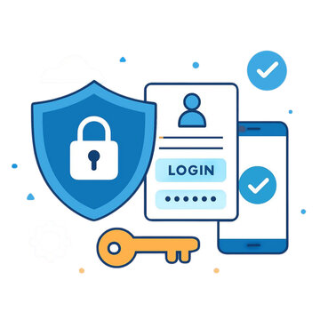Online security and login concept with shield, lock, and mobile phone