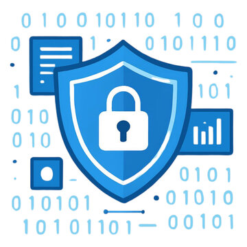 Blue shield with padlock and binary code