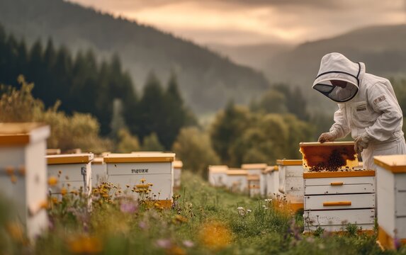 Active Commercial Bee Farm at Dusk with Beekeeper in Protective Gear
